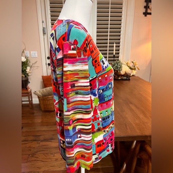 Chico’s Artsy Abstract Colorful Print Stretch Pullover Top Sz L Statement Piece - Picture 7 of 8